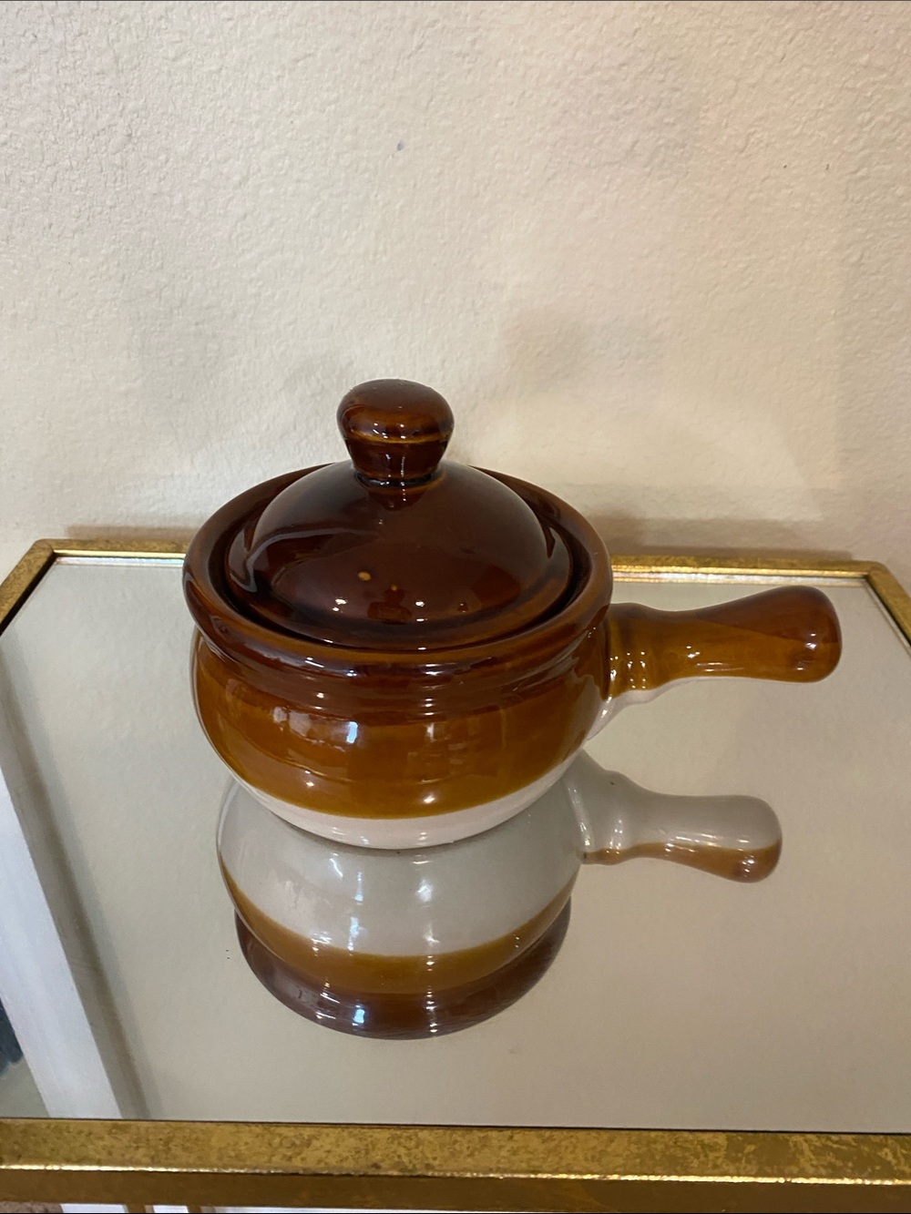 Vintage Hand Crafted Two-Tone Brown Ceramic Saucepot with Lid